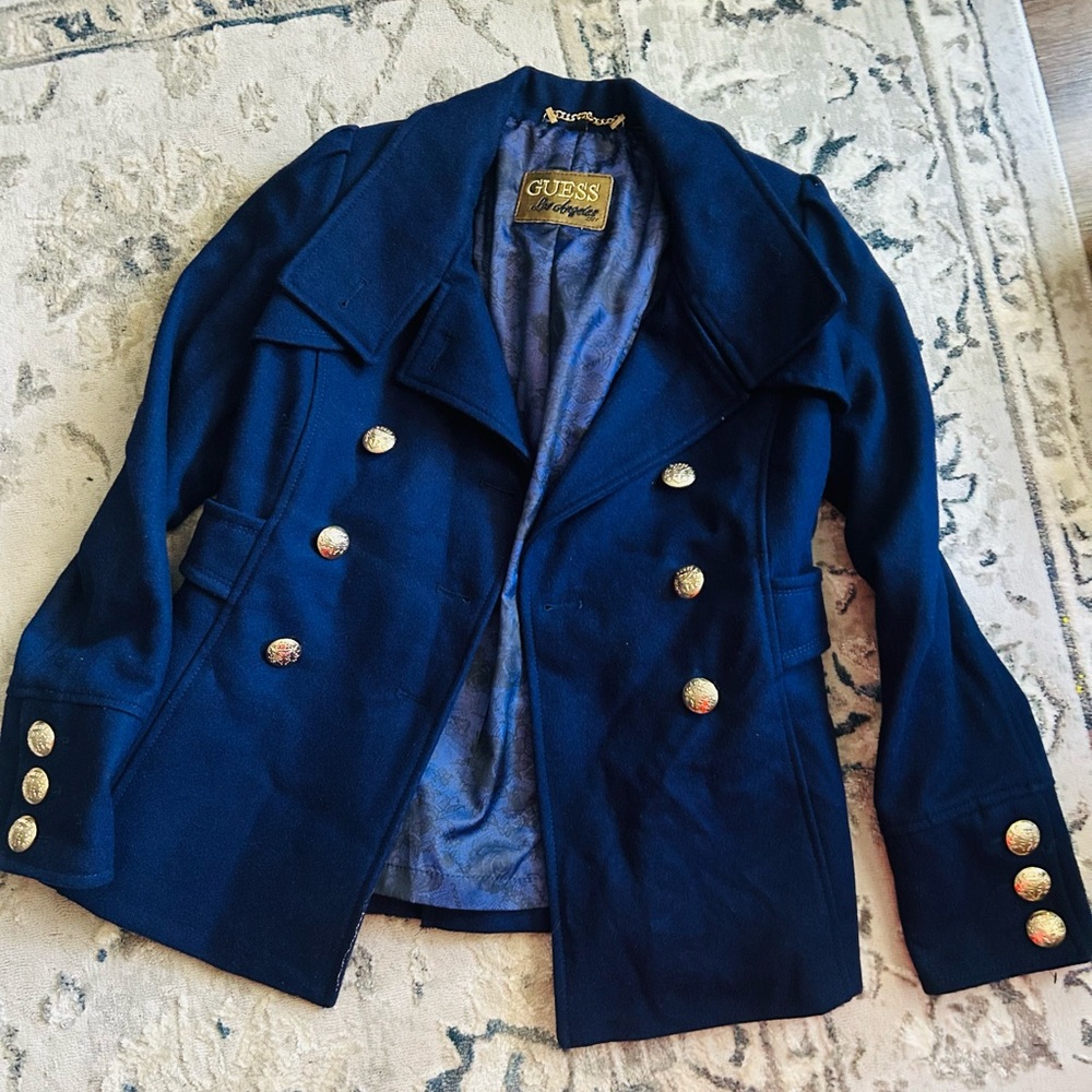 GUESS Navy Double-Breasted Pea Coat with Gold Buttons